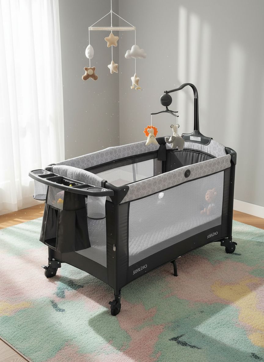 Modern gray 4-in-1 bedside bassinet with integrated diaper changing station, adjustable mattress height, and storage compartment — view 1
