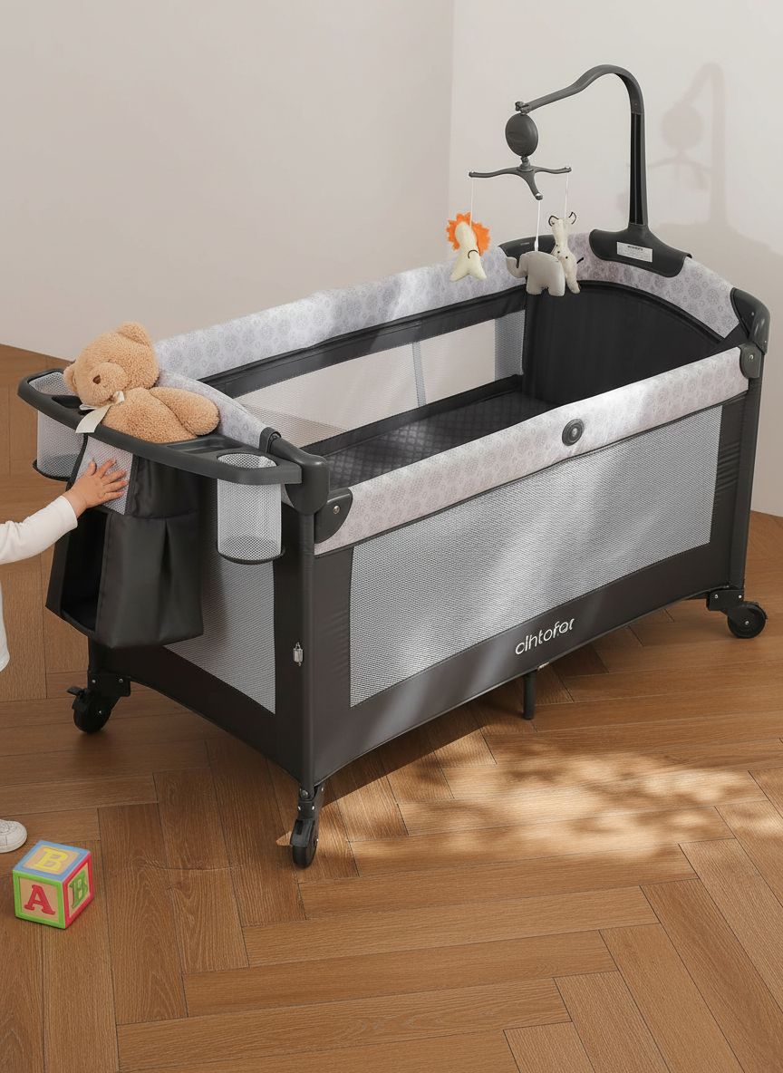 Modern gray 4-in-1 bedside bassinet with integrated diaper changing station, adjustable mattress height, and storage compartment — view 3