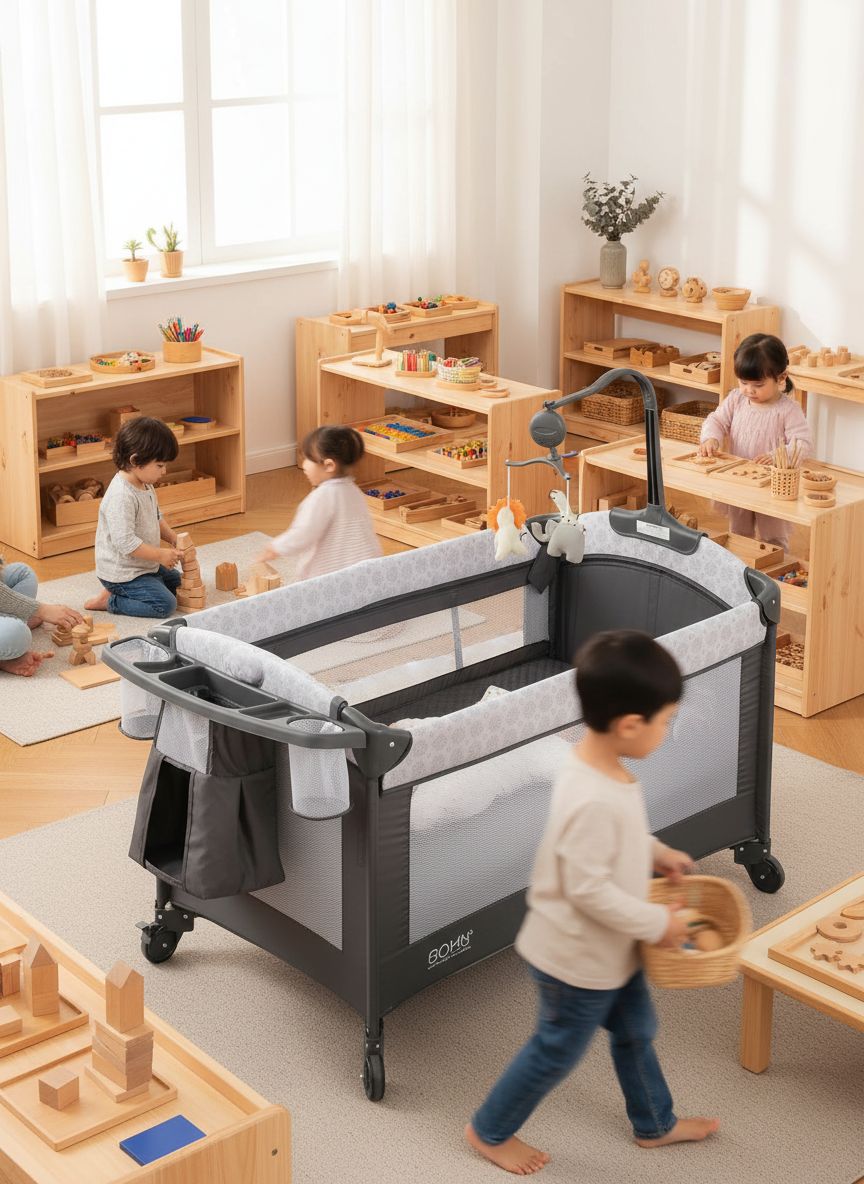 Modern gray 4-in-1 bedside bassinet with integrated diaper changing station, adjustable mattress height, and storage compartment — view 3a
