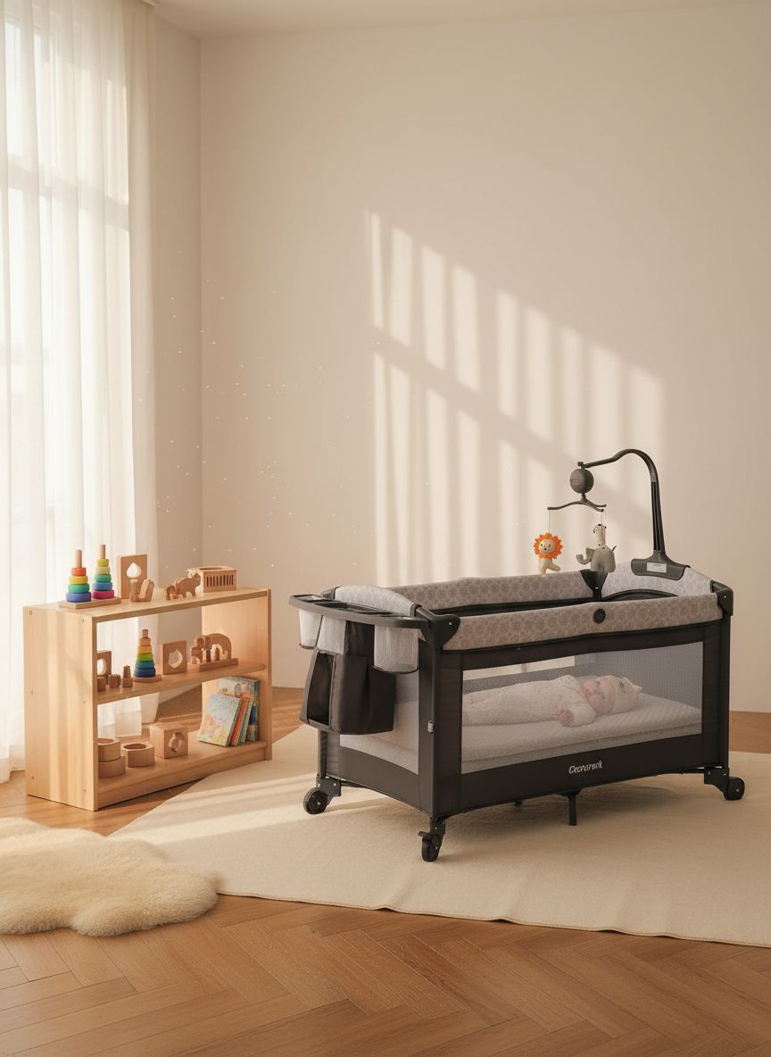 Modern gray 4-in-1 bedside bassinet with integrated diaper changing station, adjustable mattress height, and storage compartment — view 4
