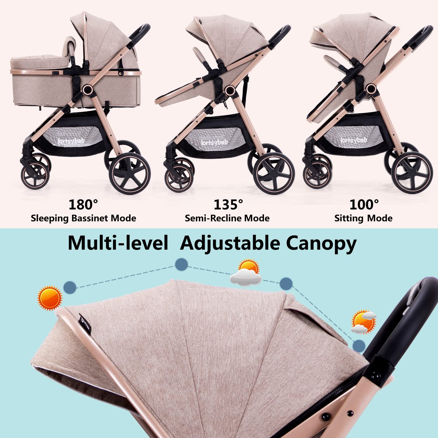 Beige 2-in-1 reversible infant stroller with extended canopy and folded frame โ view 2