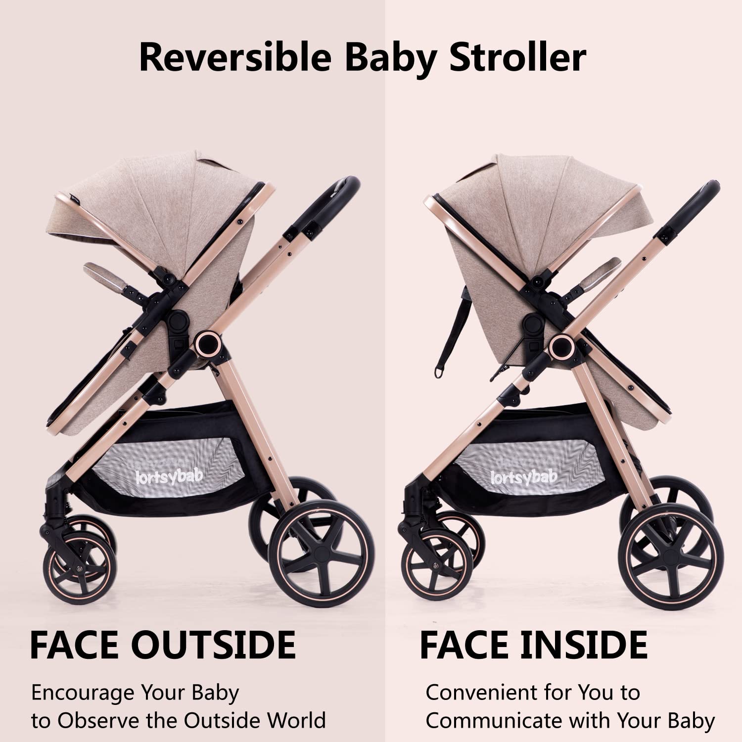 Beige 2-in-1 reversible infant stroller with extended canopy and folded frame โ view 3