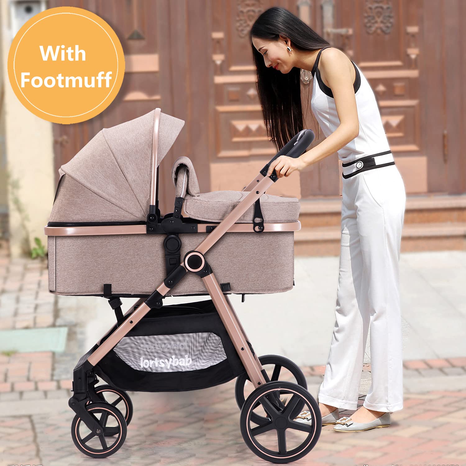 Beige 2-in-1 reversible infant stroller with extended canopy and folded frame โ view 4