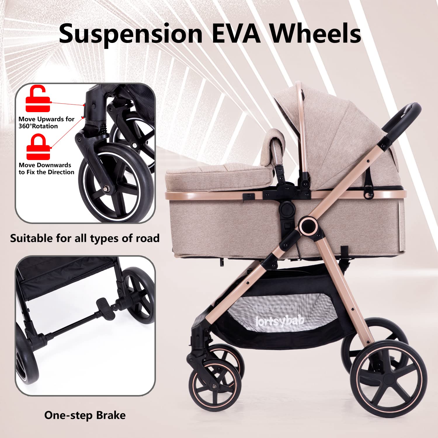 Beige 2-in-1 reversible infant stroller with extended canopy and folded frame โ view 2
