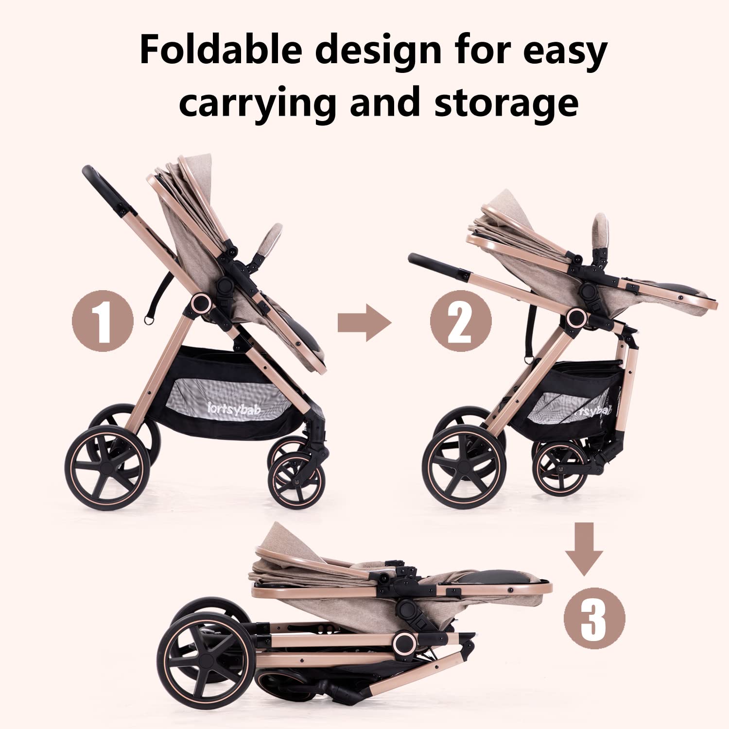 Beige 2-in-1 reversible infant stroller with extended canopy and folded frame โ view 3