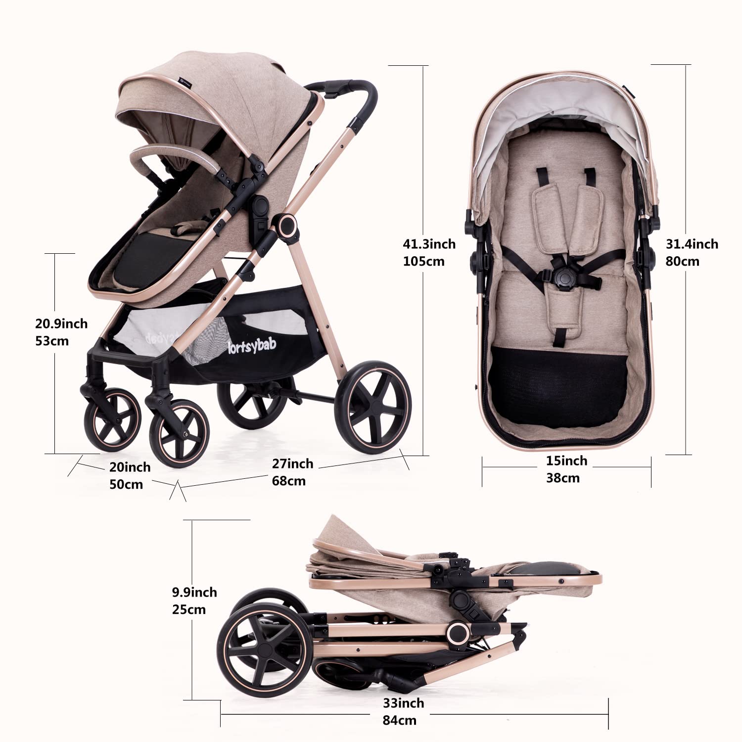 Beige 2-in-1 reversible infant stroller with extended canopy and folded frame โ view 4