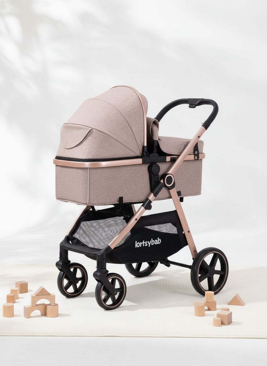 Beige 2-in-1 reversible infant stroller with extended canopy and folded frame โ view 1
