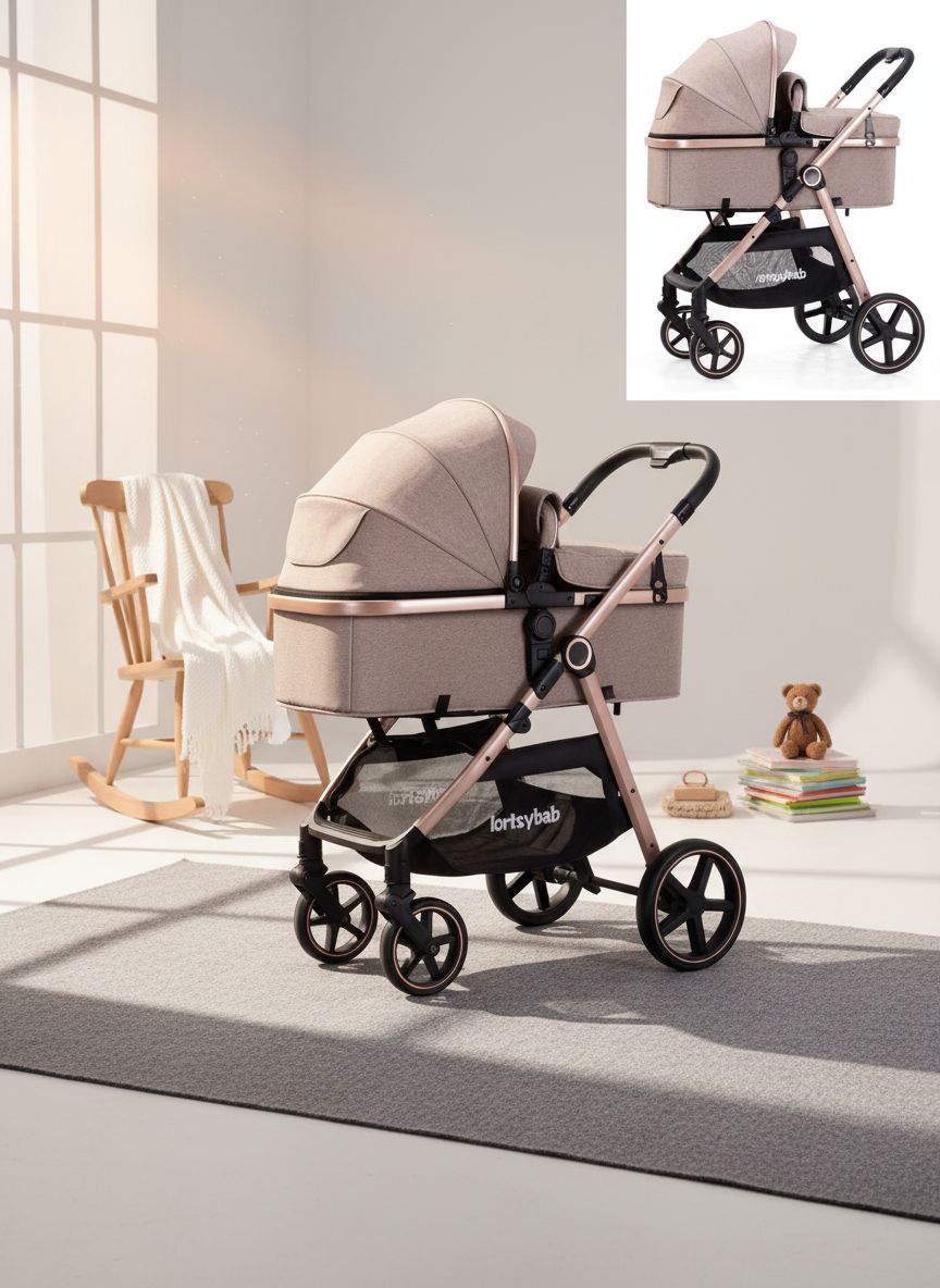 Beige 2-in-1 reversible infant stroller with extended canopy and folded frame โ view 2