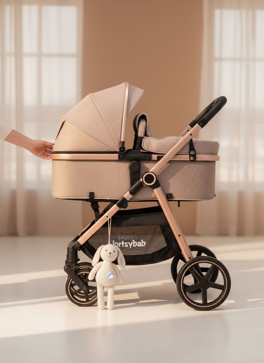 Beige 2-in-1 reversible infant stroller with extended canopy and folded frame โ view 3