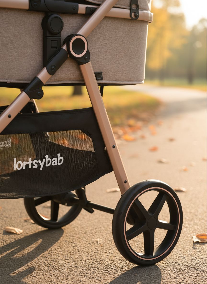Beige 2-in-1 reversible infant stroller with extended canopy and folded frame โ view 4