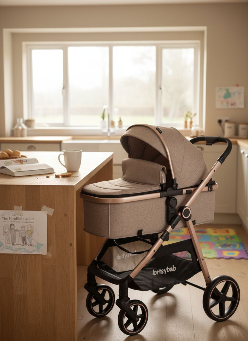 Beige 2-in-1 reversible infant stroller with extended canopy and folded frame โ view 2