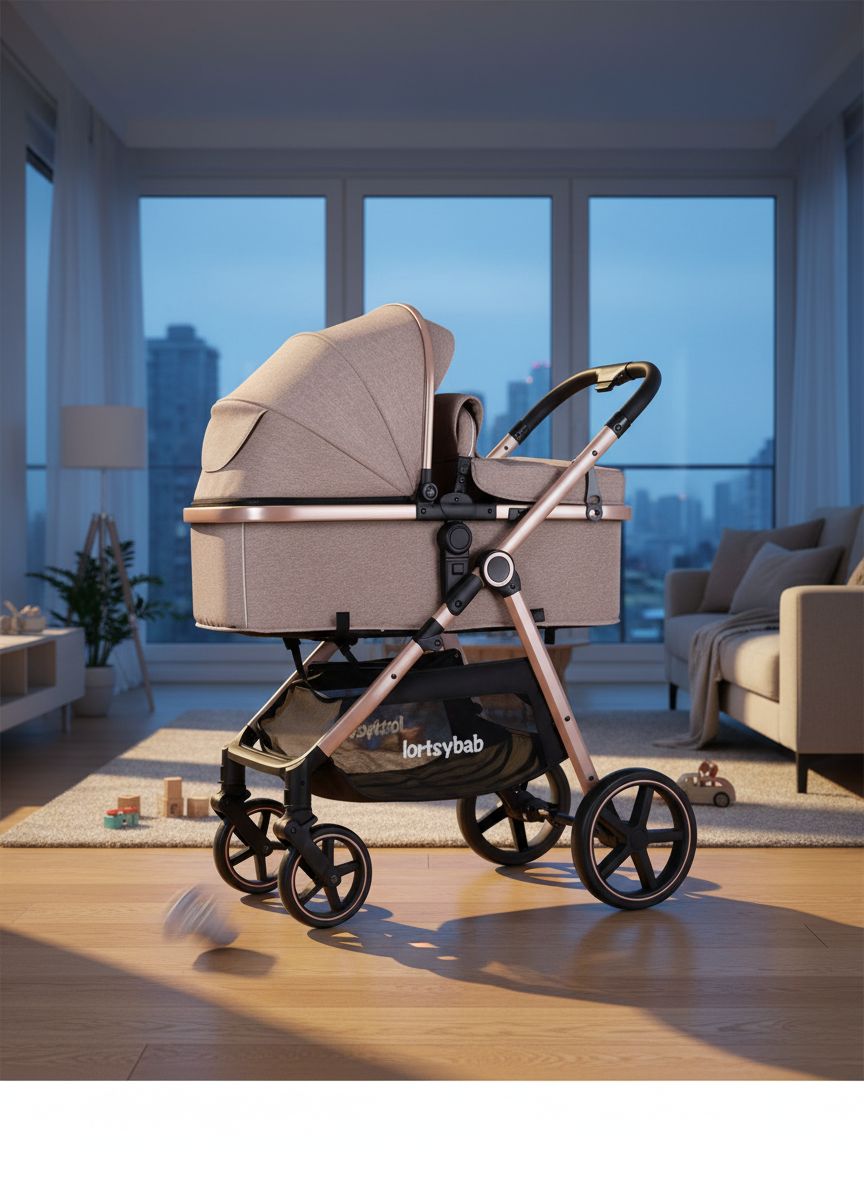 Beige 2-in-1 reversible infant stroller with extended canopy and folded frame โ view 3a