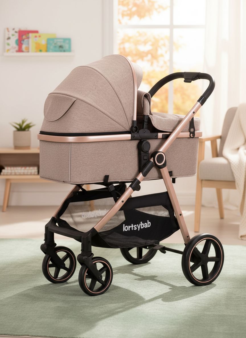 Beige 2-in-1 reversible infant stroller with extended canopy and folded frame โ view 4