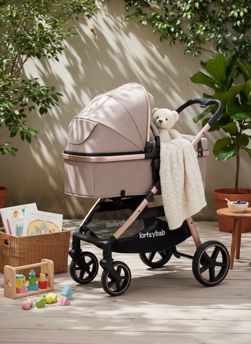 Beige 2-in-1 reversible infant stroller with extended canopy and folded frame โ view 5a