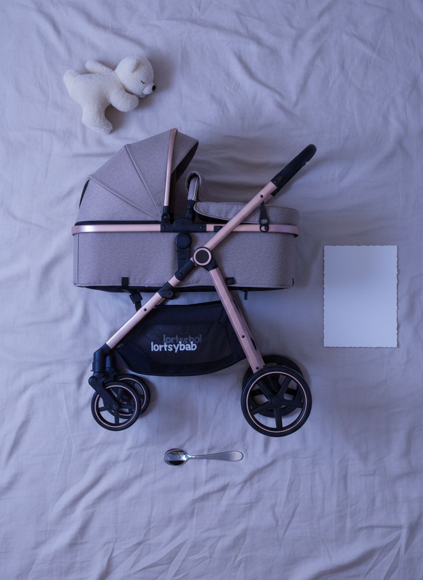 Beige 2-in-1 reversible infant stroller with extended canopy and folded frame โ view 7a