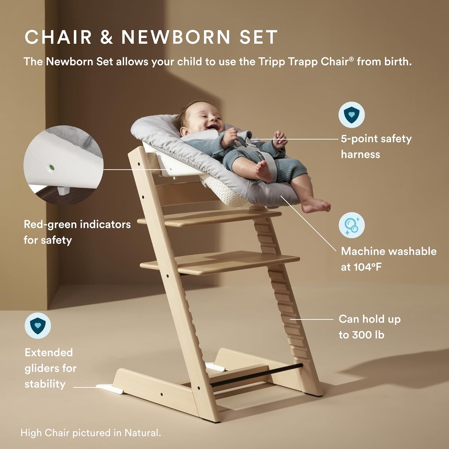 Stokke Tripp Trapp high chair in white with Nordic grey cushion, newborn insert, and removable tray — side