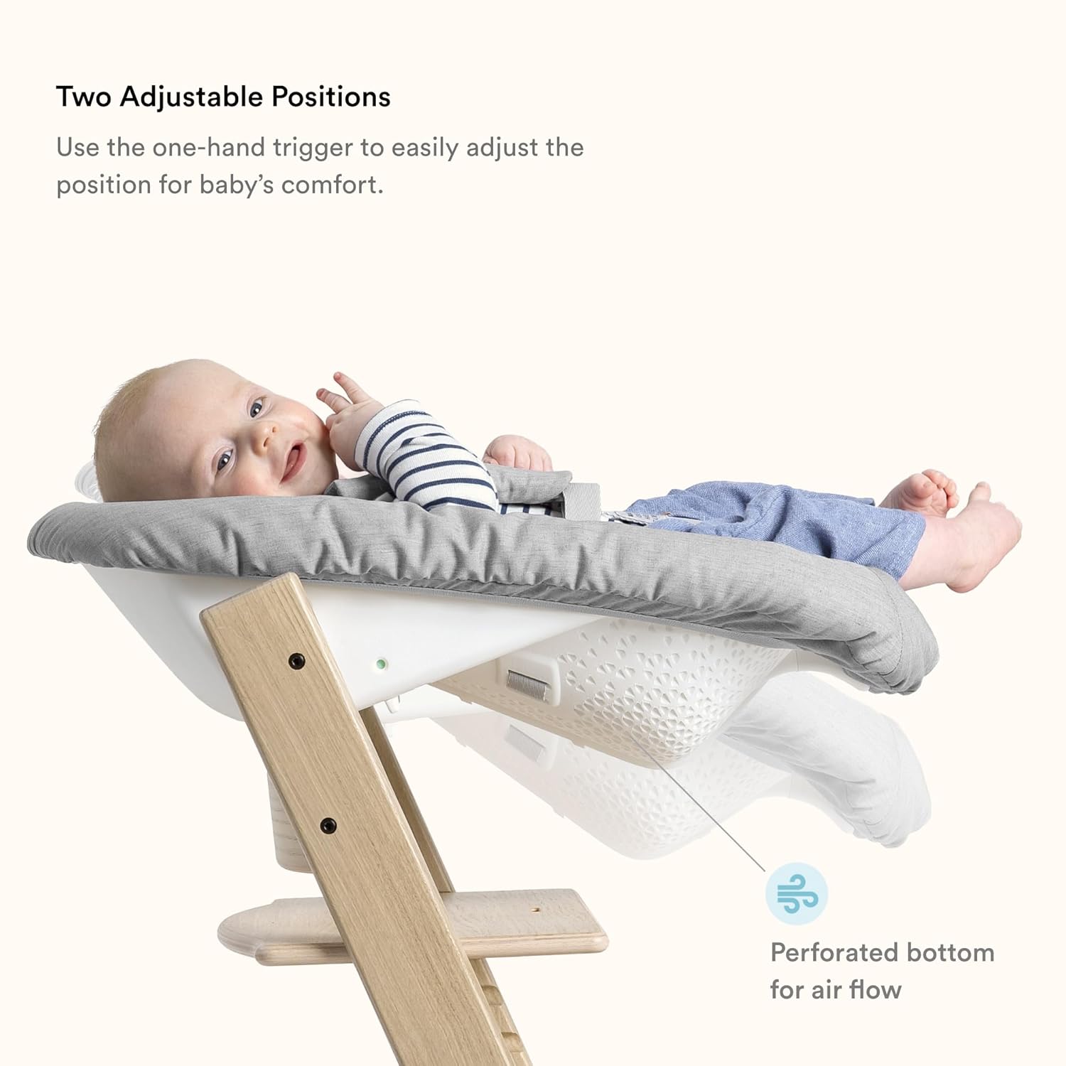 Stokke Tripp Trapp high chair in white with Nordic grey cushion, newborn insert, and removable tray — back