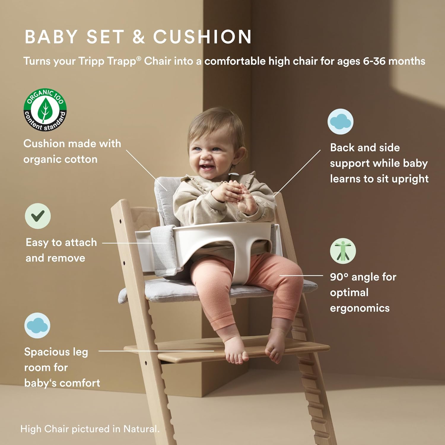Stokke Tripp Trapp high chair in white with Nordic grey cushion, newborn insert, and removable tray — detail