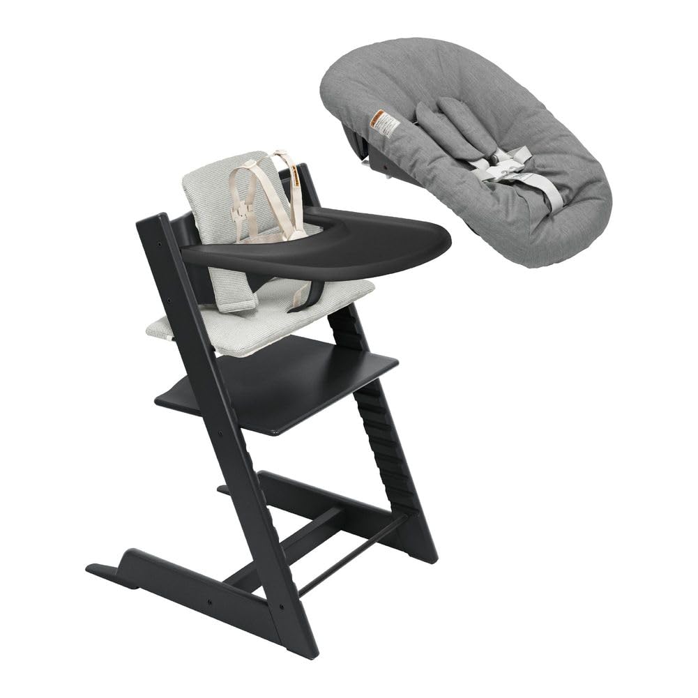 Stokke Tripp Trapp high chair in white with Nordic grey cushion, newborn insert, and removable tray — view 4