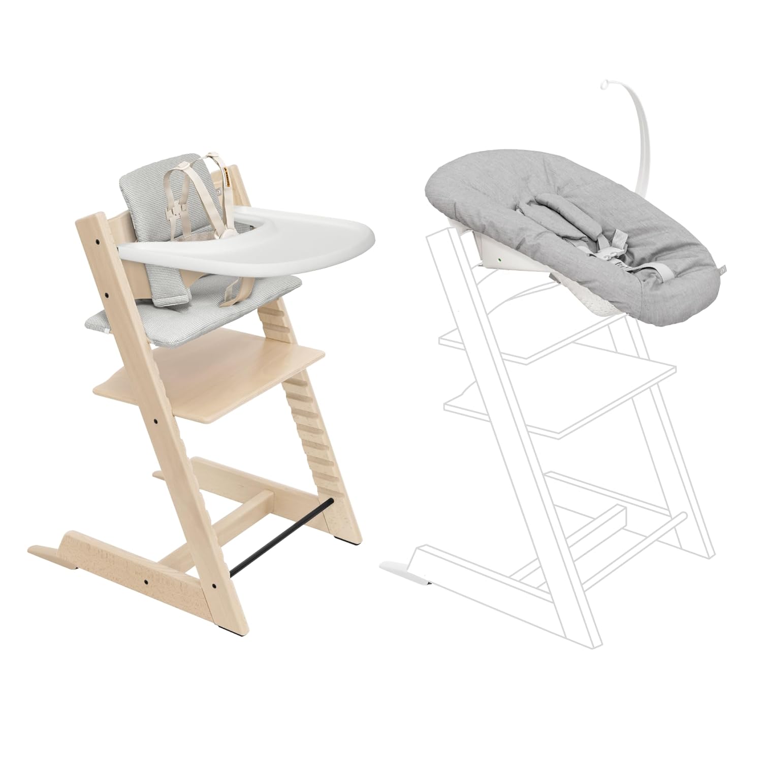 Stokke Tripp Trapp high chair in white with Nordic grey cushion, newborn insert, and removable tray — view 5