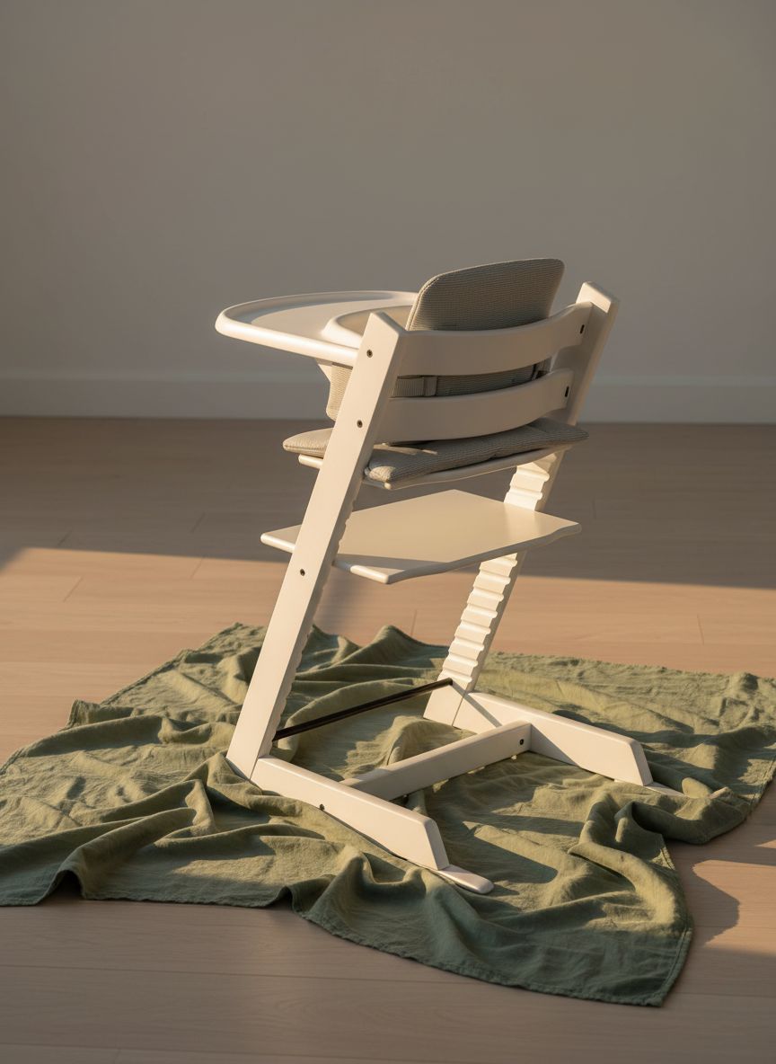 Stokke Tripp Trapp high chair in white with Nordic grey cushion, newborn insert, and removable tray — view 2