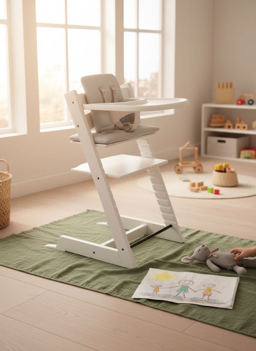 Stokke Tripp Trapp high chair in white with Nordic grey cushion, newborn insert, and removable tray — view 3