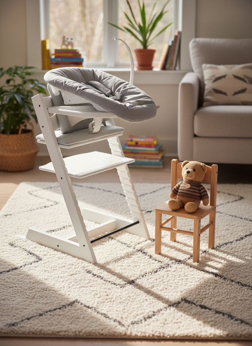 Stokke Tripp Trapp high chair in white with Nordic grey cushion, newborn insert, and removable tray — view 4
