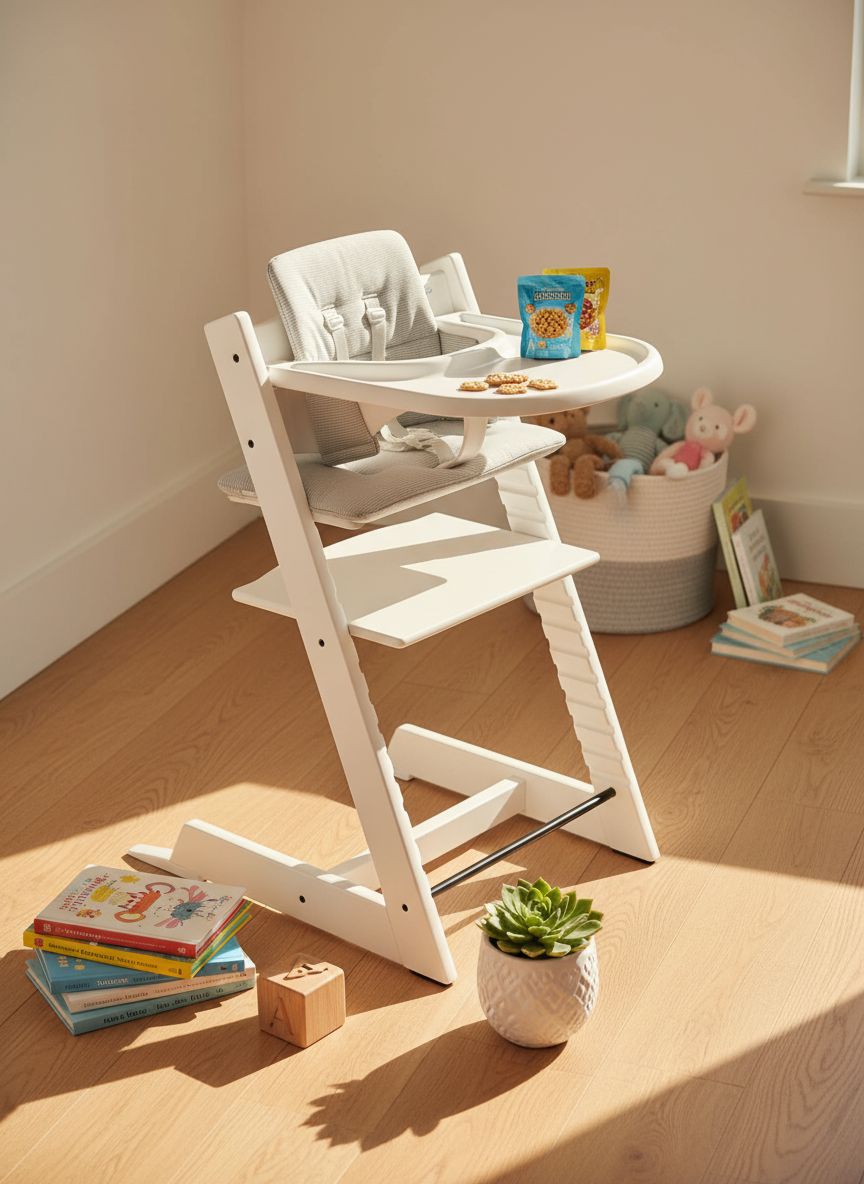 Stokke Tripp Trapp high chair in white with Nordic grey cushion, newborn insert, and removable tray — view 5a