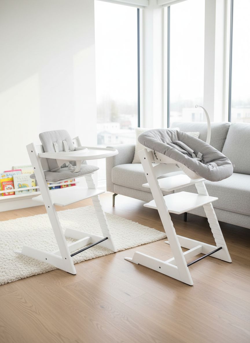 Stokke Tripp Trapp high chair in white with Nordic grey cushion, newborn insert, and removable tray — view 6