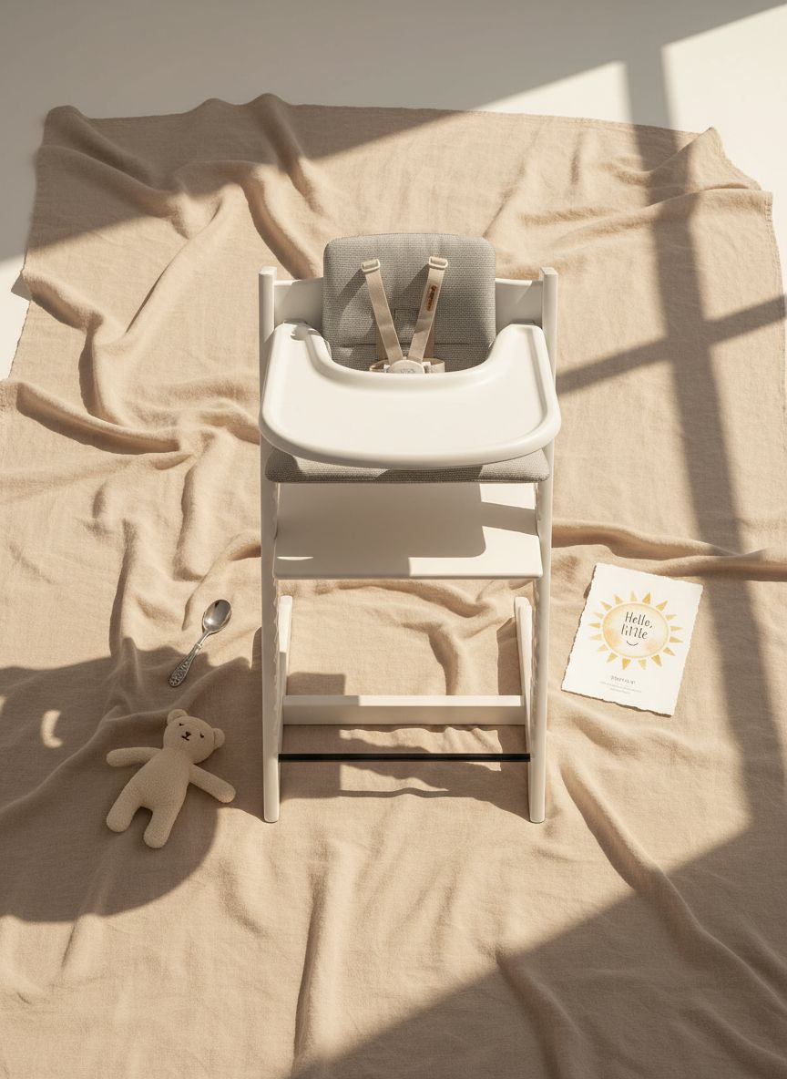 Stokke Tripp Trapp high chair in white with Nordic grey cushion, newborn insert, and removable tray — view 7a