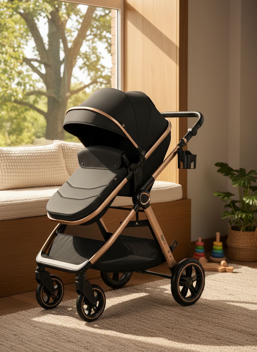 Modern 2-in-1 convertible baby stroller with bassinet carriage mode in charcoal gray — view 3a