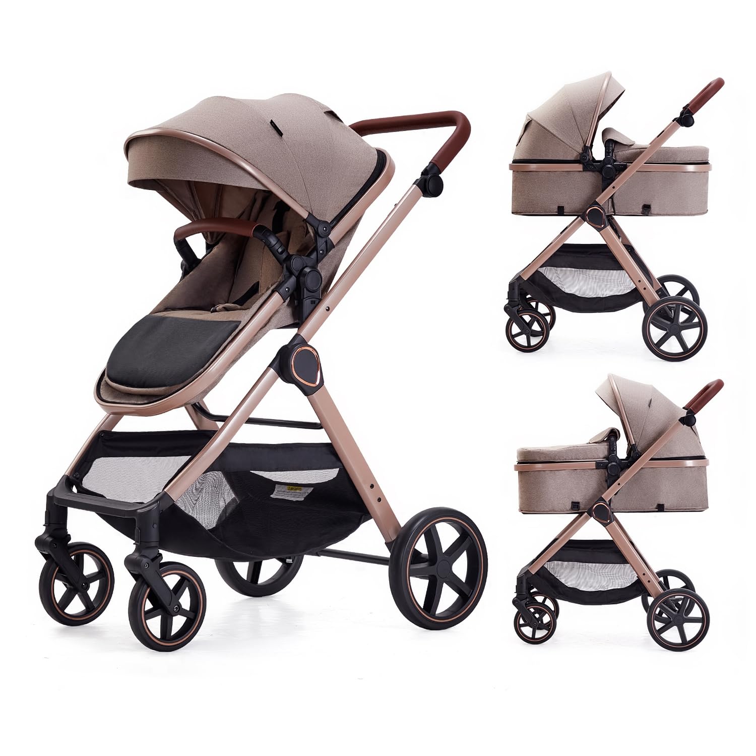 Beige 2-in-1 convertible baby stroller with reversible seating in parent-facing position — view 1