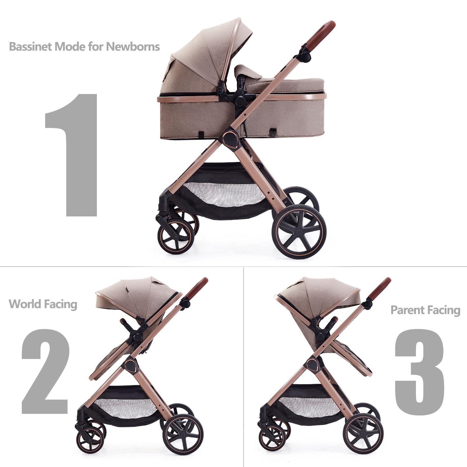 Beige 2-in-1 convertible baby stroller with reversible seating in parent-facing position — view 2
