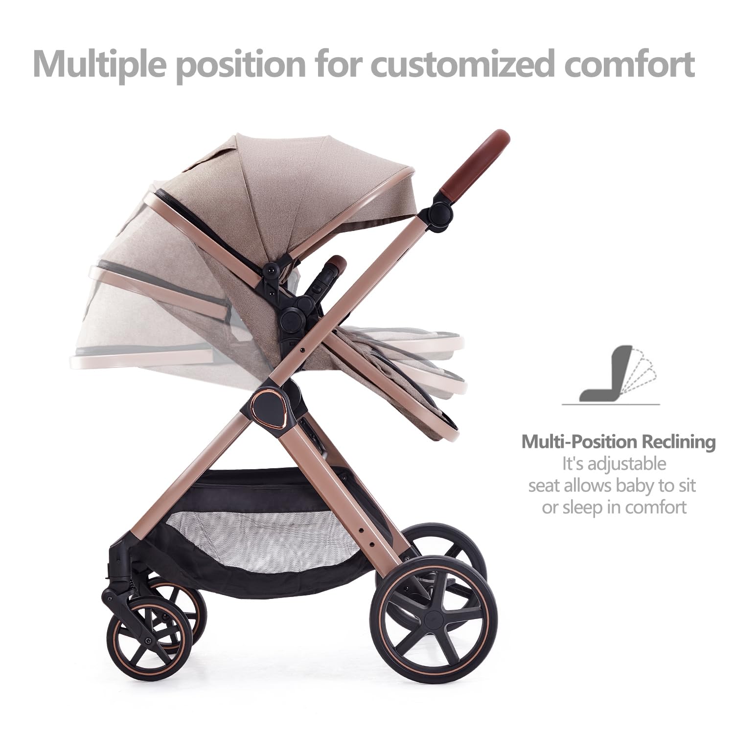 Beige 2-in-1 convertible baby stroller with reversible seating in parent-facing position — view 3