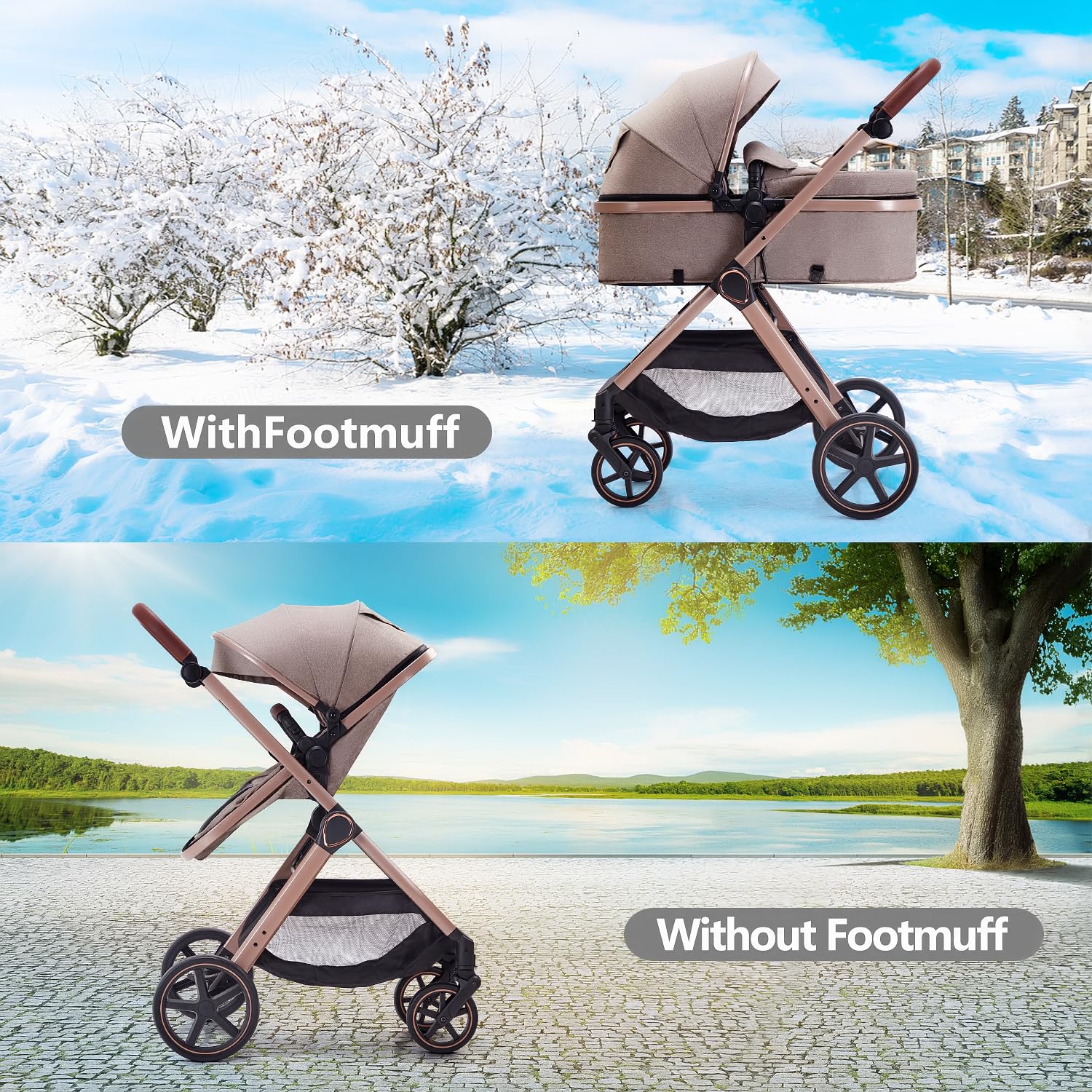 Beige 2-in-1 convertible baby stroller with reversible seating in parent-facing position — view 4