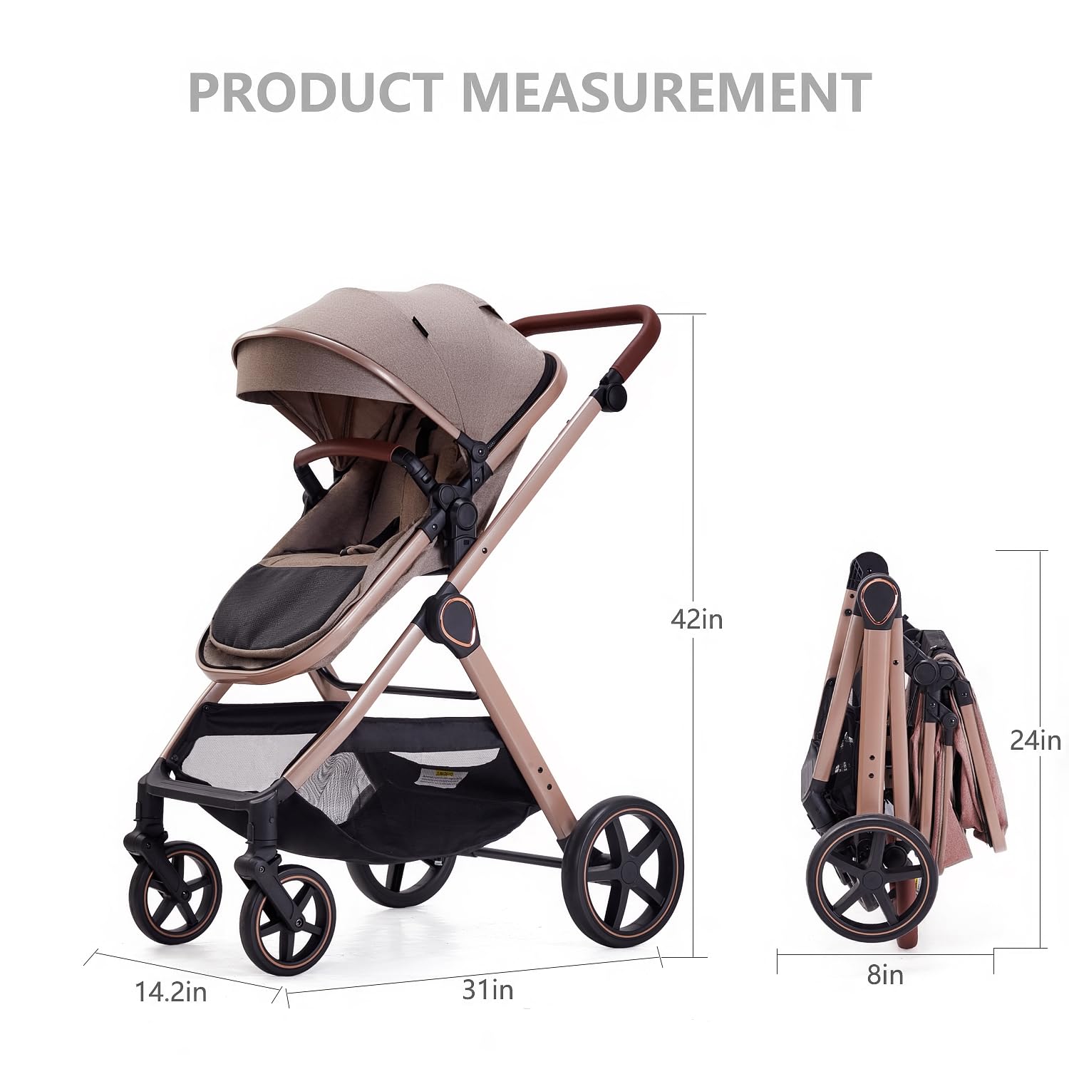 Beige 2-in-1 convertible baby stroller with reversible seating in parent-facing position — view 2