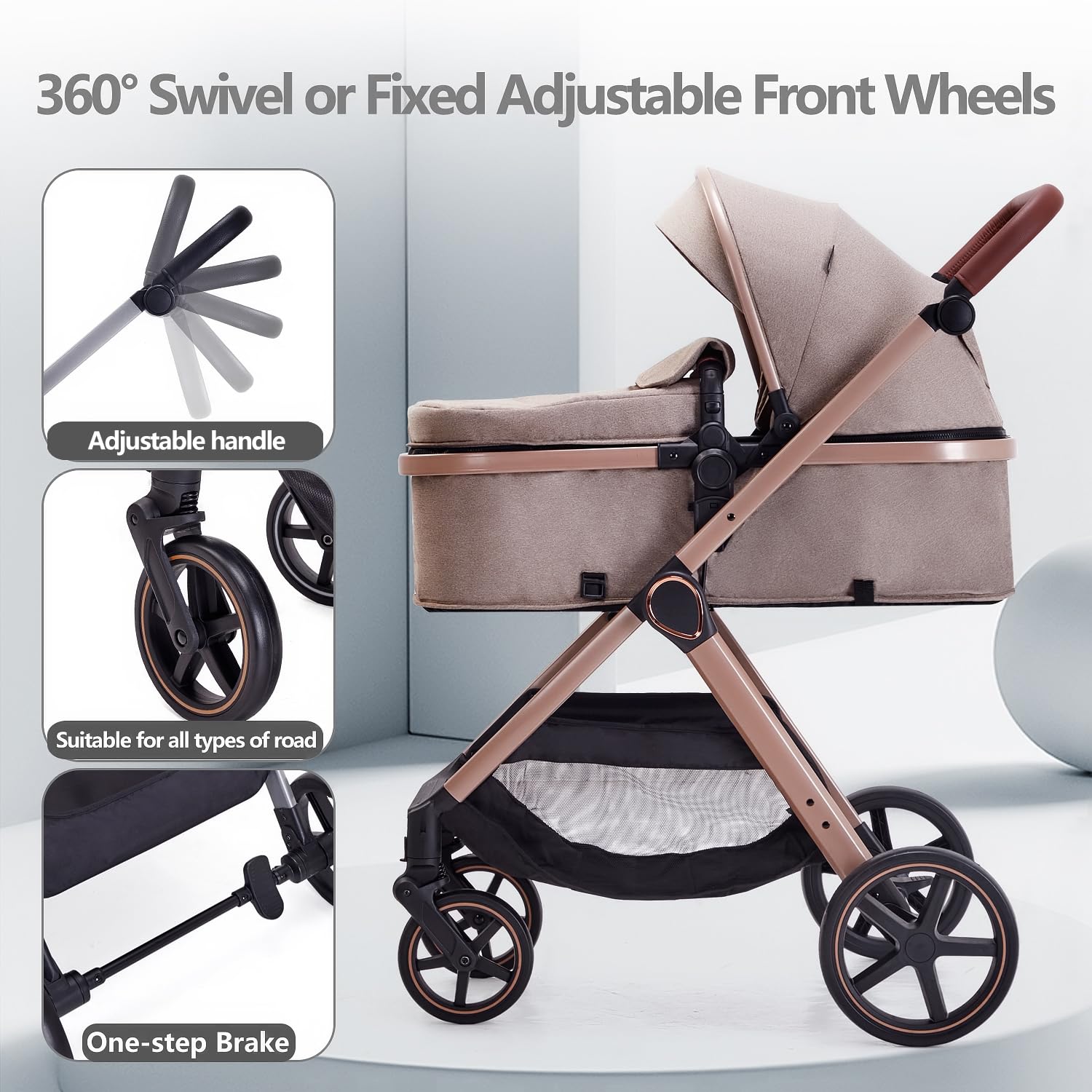 Beige 2-in-1 convertible baby stroller with reversible seating in parent-facing position — view 3