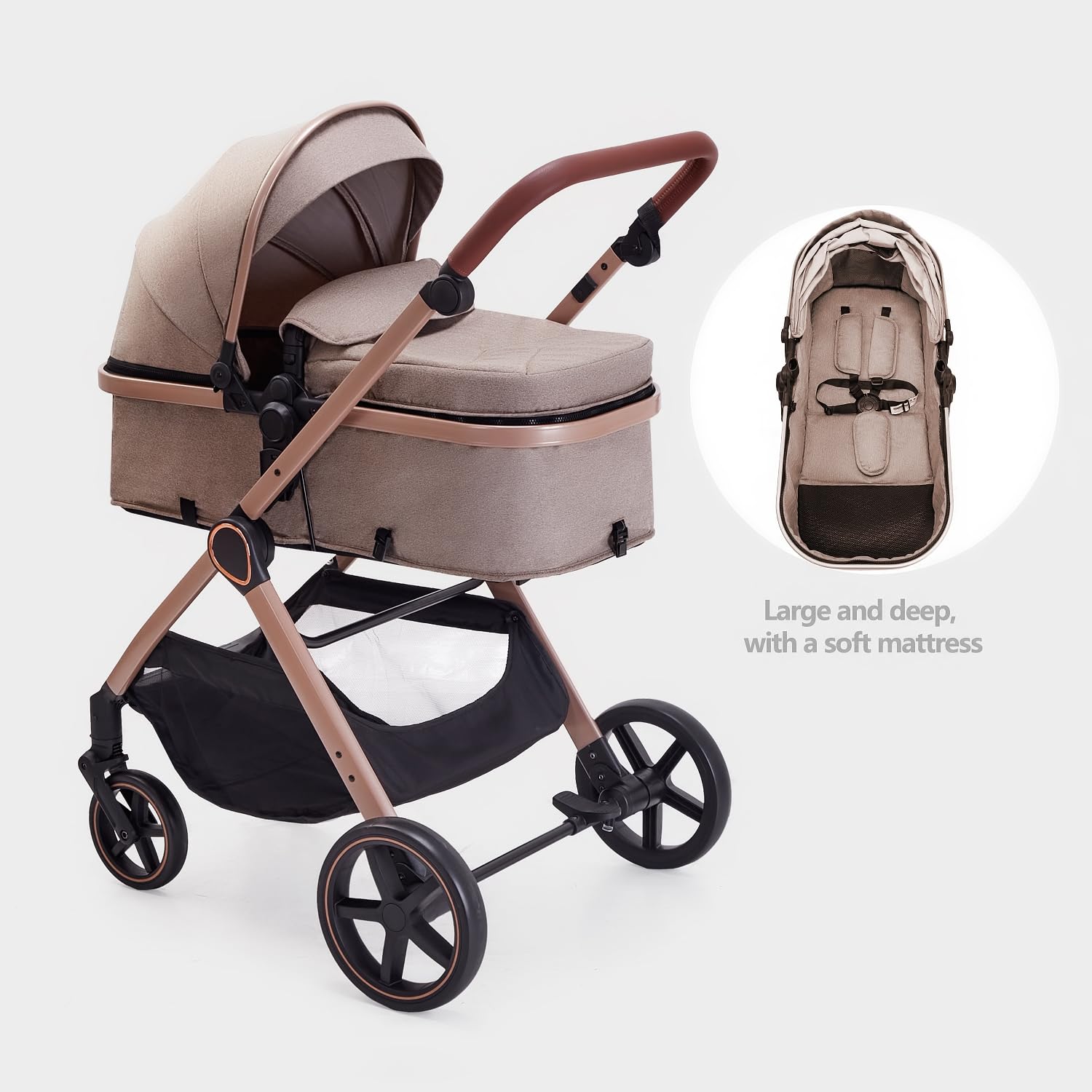 Beige 2-in-1 convertible baby stroller with reversible seating in parent-facing position — view 5