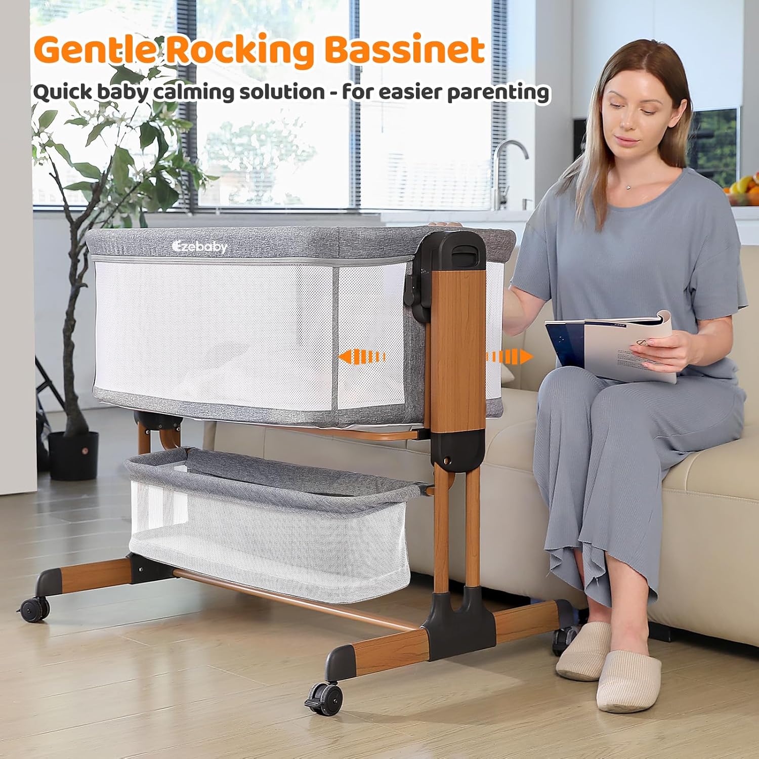 Modern 3-in-1 white bassinet with mesh sides, wheels, and adjustable height for bedside sleeping — view 3