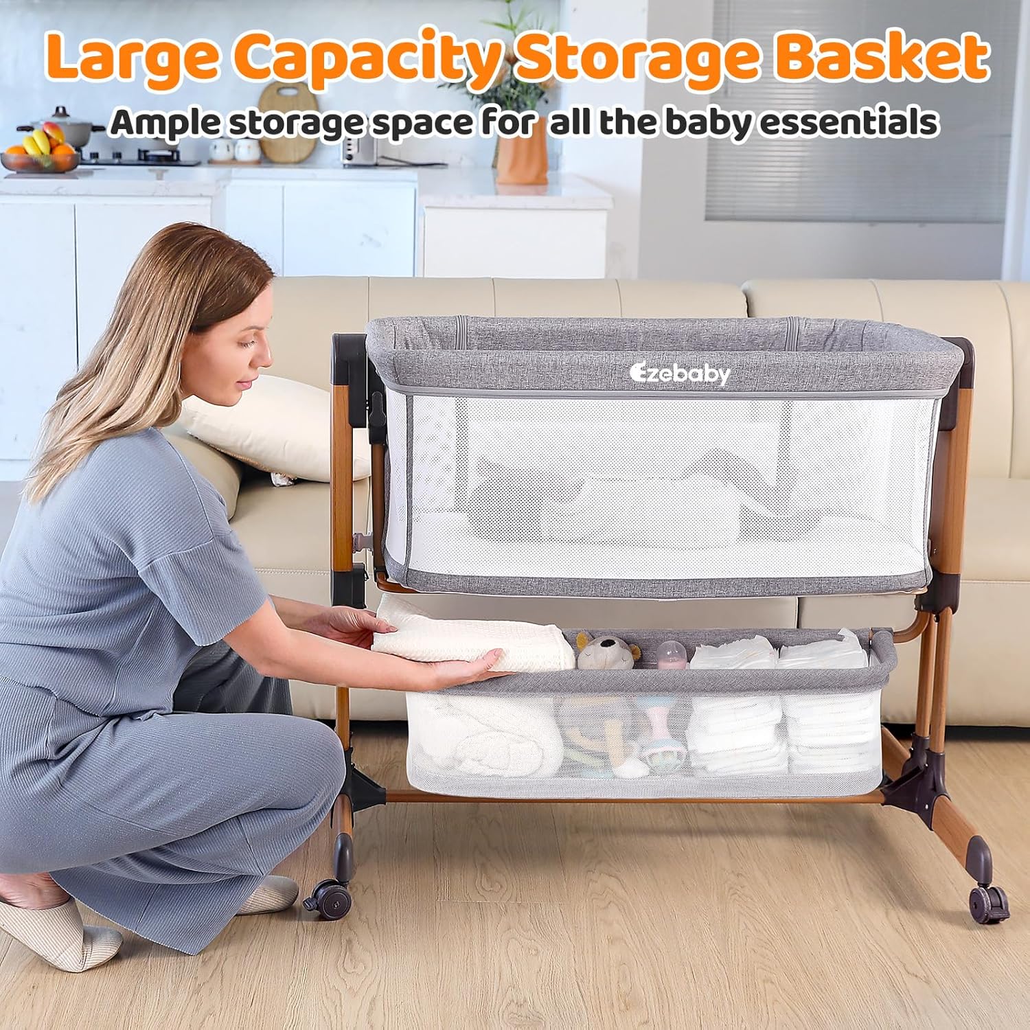 Modern 3-in-1 white bassinet with mesh sides, wheels, and adjustable height for bedside sleeping — view 2