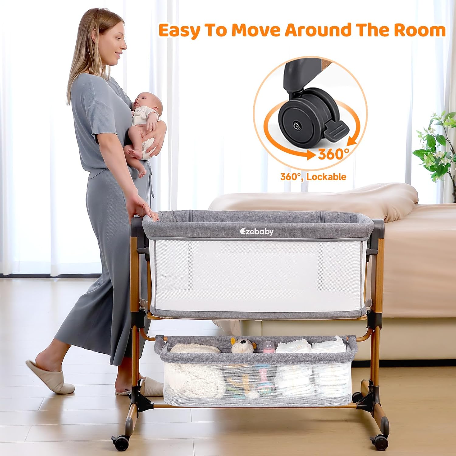 Modern 3-in-1 white bassinet with mesh sides, wheels, and adjustable height for bedside sleeping — view 3