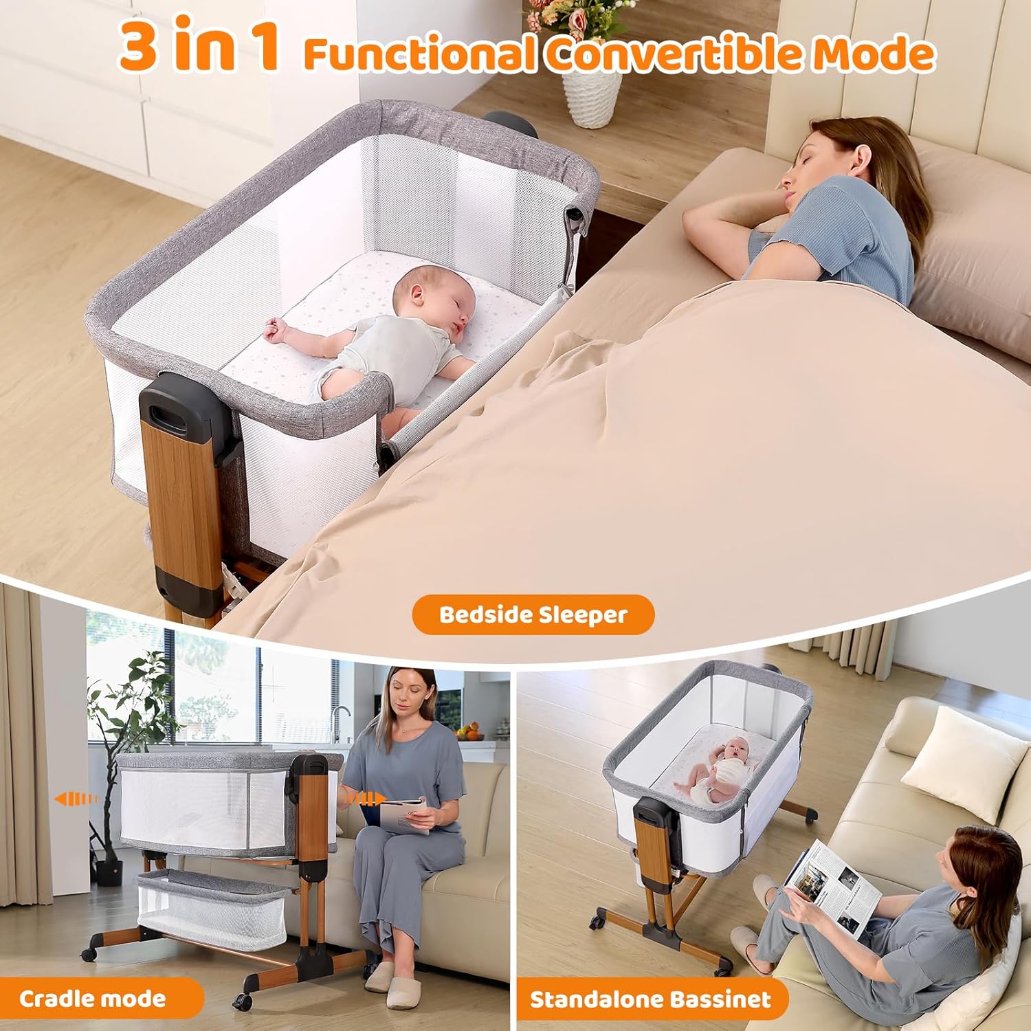 Modern 3-in-1 white bassinet with mesh sides, wheels, and adjustable height for bedside sleeping — view 4