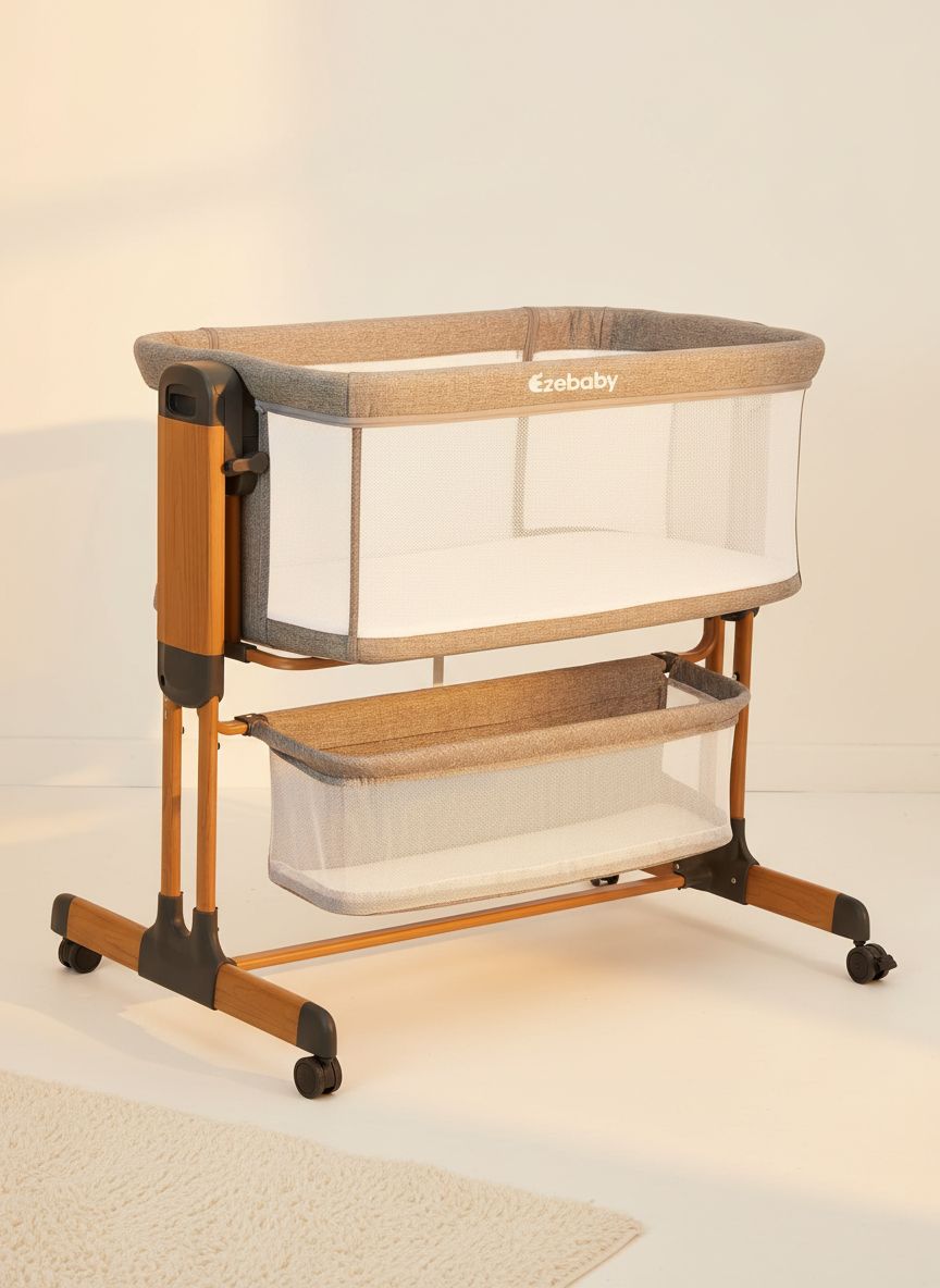 Modern 3-in-1 white bassinet with mesh sides, wheels, and adjustable height for bedside sleeping — view 1