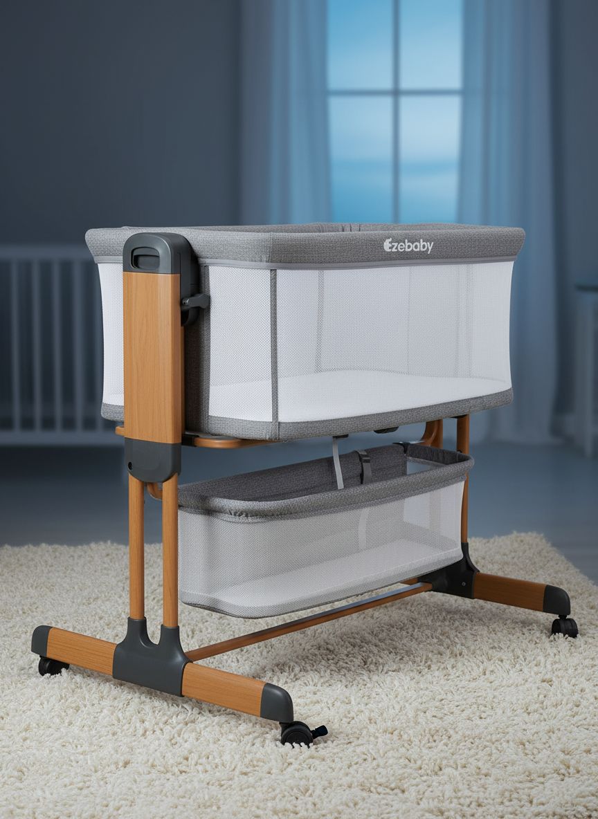 Modern 3-in-1 white bassinet with mesh sides, wheels, and adjustable height for bedside sleeping — view 2