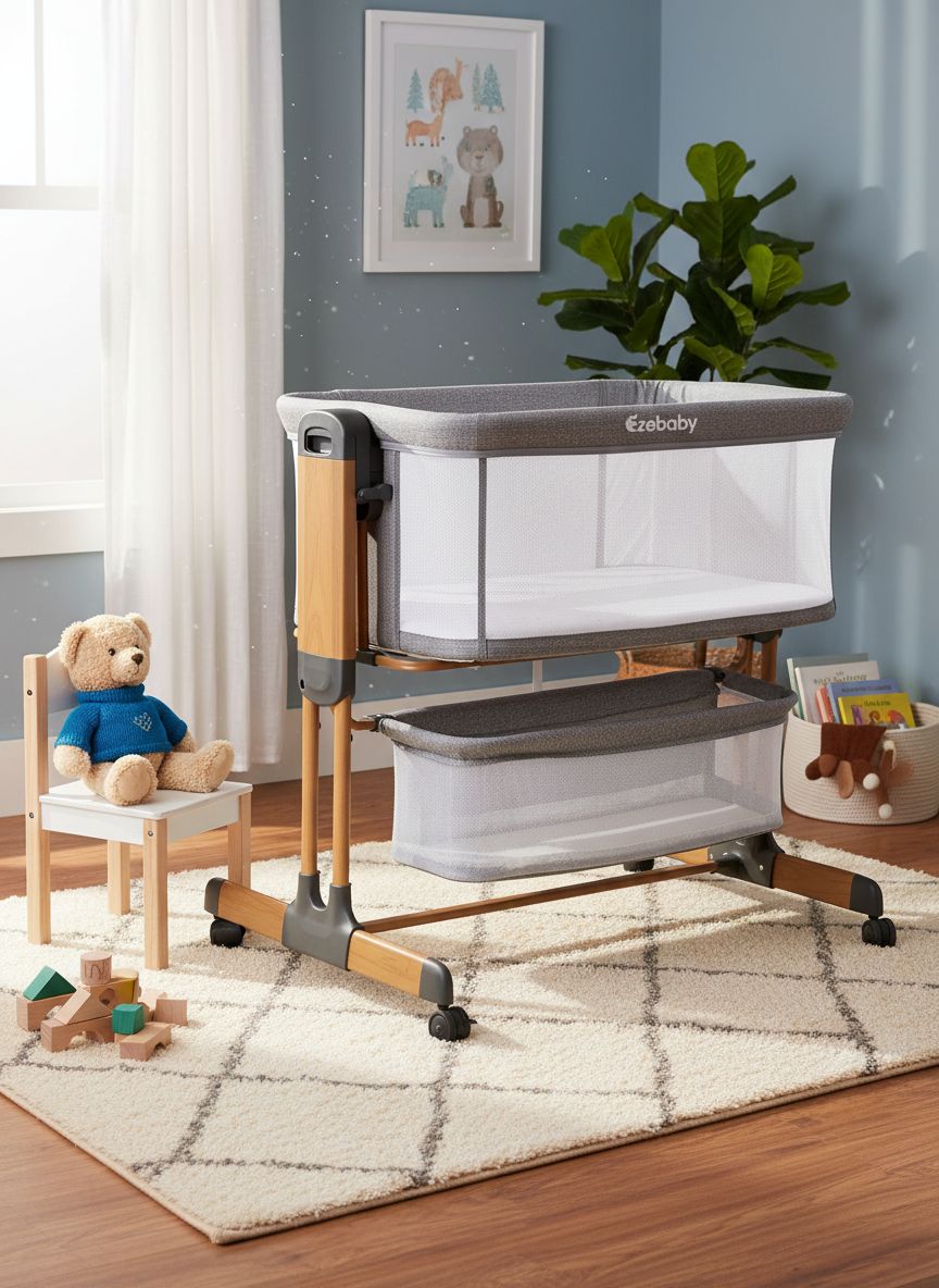 Modern 3-in-1 white bassinet with mesh sides, wheels, and adjustable height for bedside sleeping — view 4