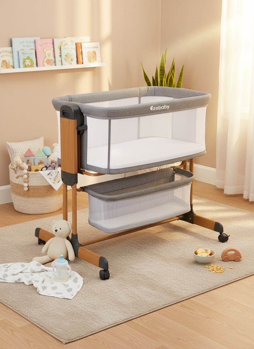 Modern 3-in-1 white bassinet with mesh sides, wheels, and adjustable height for bedside sleeping — view 5a