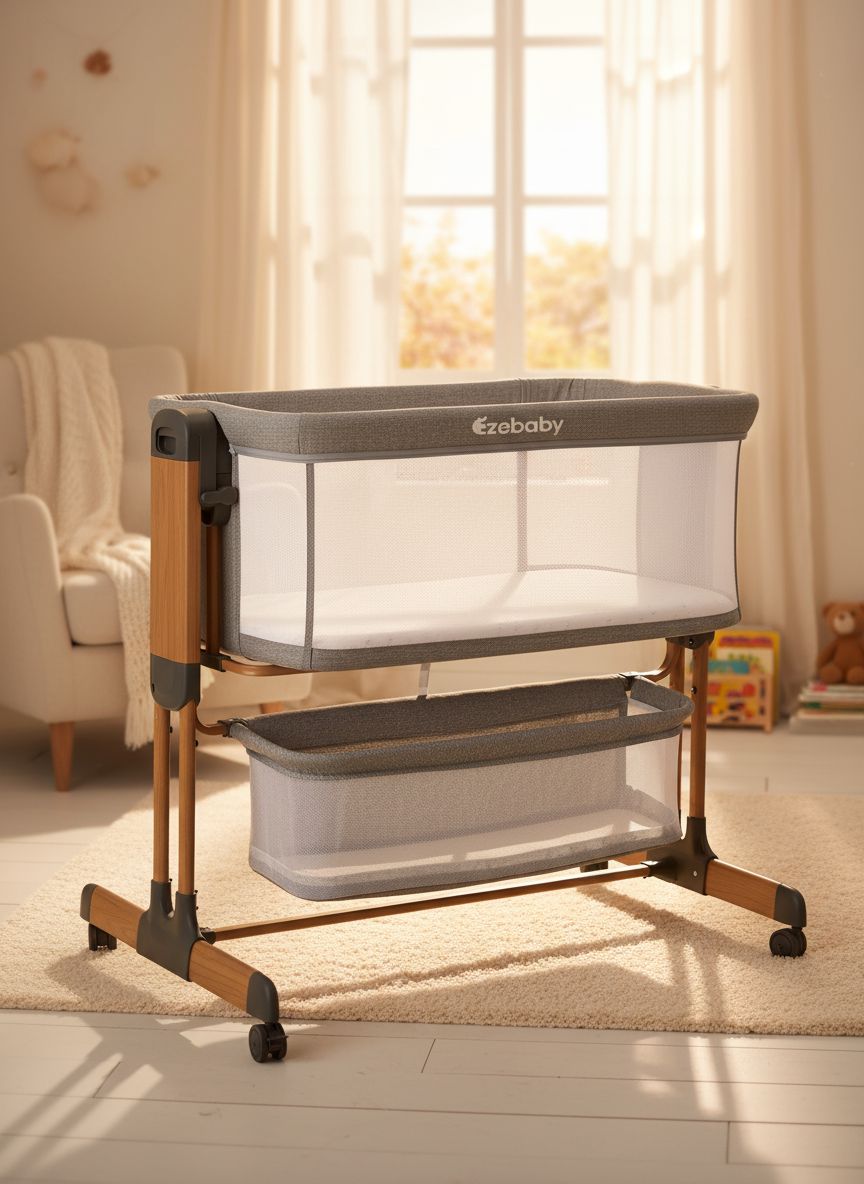 Modern 3-in-1 white bassinet with mesh sides, wheels, and adjustable height for bedside sleeping — view 6