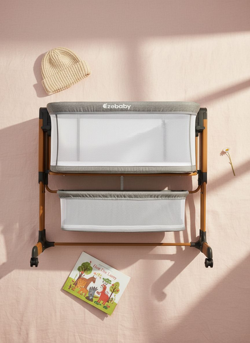 Modern 3-in-1 white bassinet with mesh sides, wheels, and adjustable height for bedside sleeping — view 7a