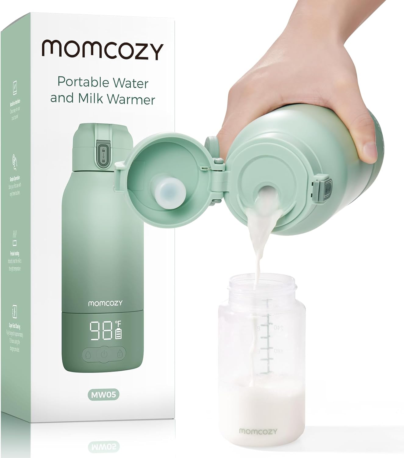 Portable bottle warmer in white with dual heating modes, USB charging cable, and large 17-ounce capacity for travel — front