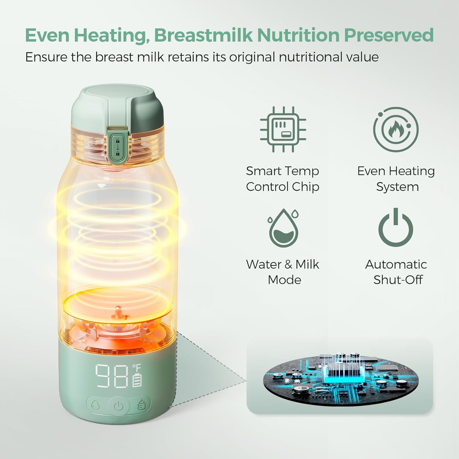 Portable bottle warmer in white with dual heating modes, USB charging cable, and large 17-ounce capacity for travel — back